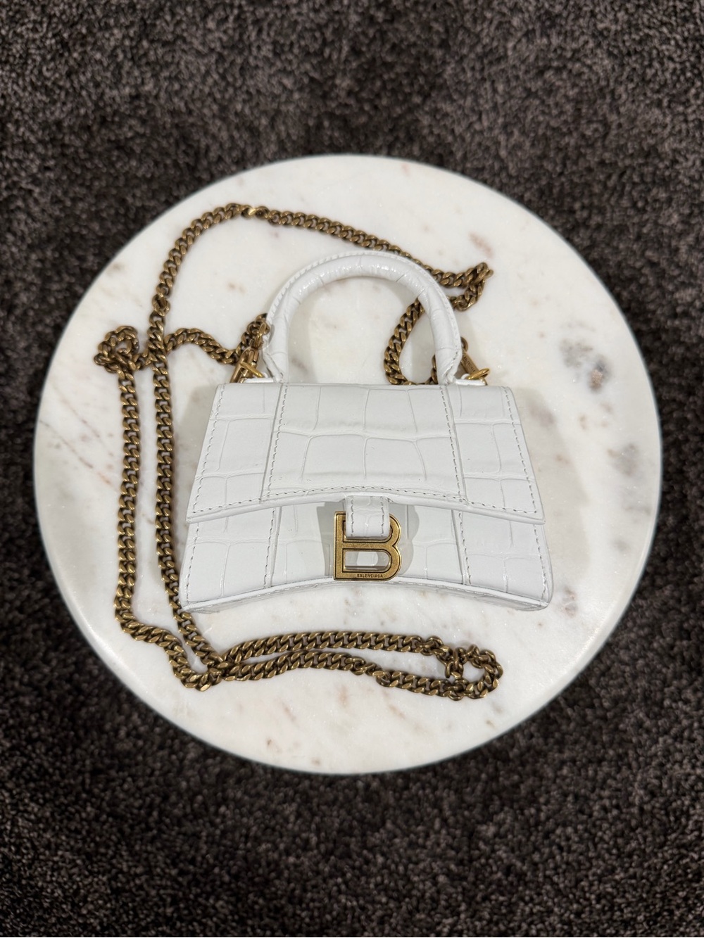 Balenciaga Hourglass Mini White Crocodile Embossed Top Handle Bag